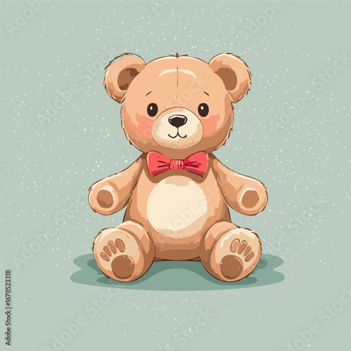 Cute teddy bear with red bow tie sitting on a pastel background. Adorable toy illustration, perfect for children, nursery decor, prints, greeting cards, and gifts