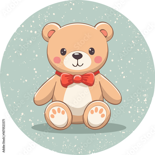 Cute teddy bear with red bow tie sitting on a pastel background. Adorable toy illustration, perfect for children, nursery decor, prints, greeting cards, and gifts