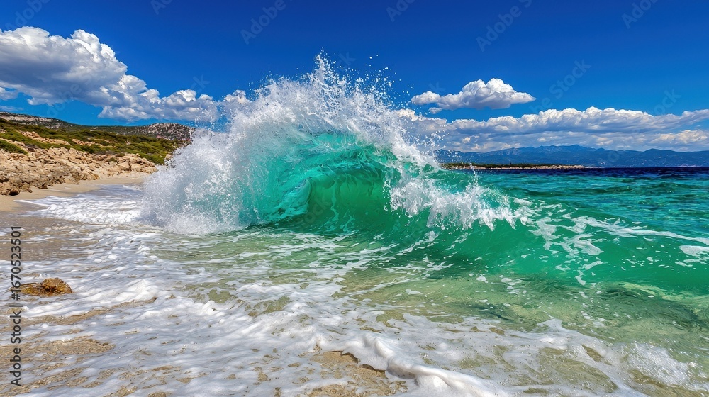 Fototapeta premium Vibrant turquoise wave crashing on a sandy beach under a bright blue sky with fluffy white clouds. The wave is backlit, highlighting its translucent