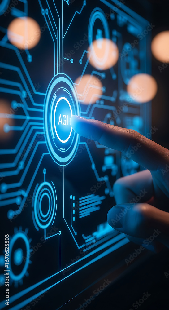 Fototapeta premium Futuristic digital interface depicting artificial general intelligence technology with finger touch