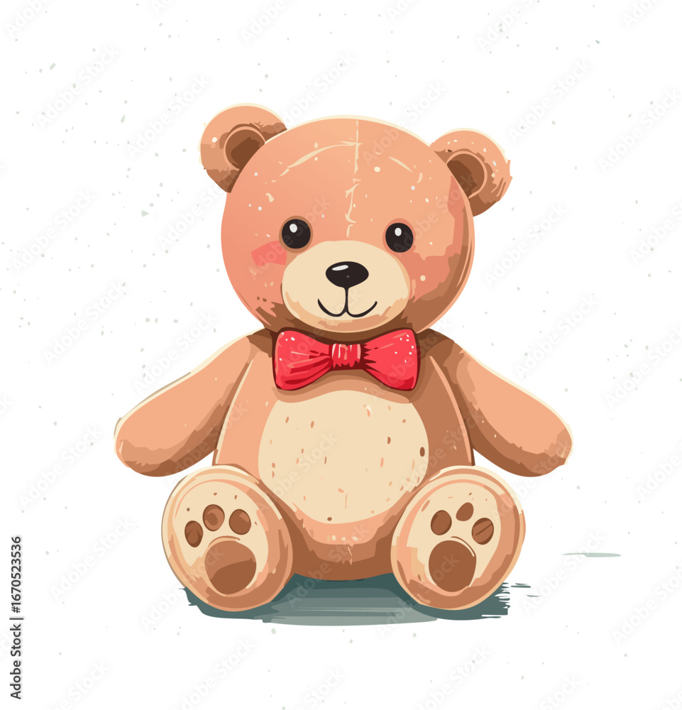 Obraz premium Cute teddy bear with red bow tie sitting on a pastel background. Adorable toy illustration, perfect for children, nursery decor, prints, greeting cards, and gifts