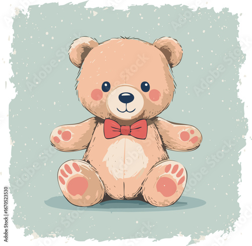 Cute teddy bear with red bow tie sitting on a pastel background. Adorable toy illustration, perfect for children, nursery decor, prints, greeting cards, and gifts