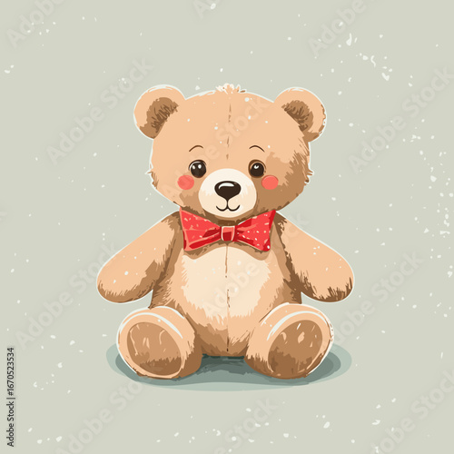 Cute teddy bear with red bow tie sitting on a pastel background. Adorable toy illustration, perfect for children, nursery decor, prints, greeting cards, and gifts