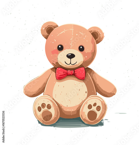 Cute teddy bear with red bow tie sitting on a pastel background. Adorable toy illustration, perfect for children, nursery decor, prints, greeting cards, and gifts