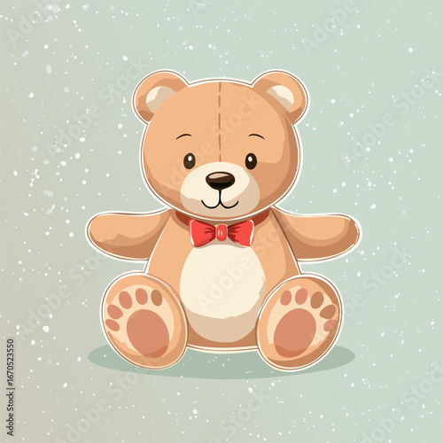 Cute teddy bear with red bow tie sitting on a pastel background. Adorable toy illustration, perfect for children, nursery decor, prints, greeting cards, and gifts