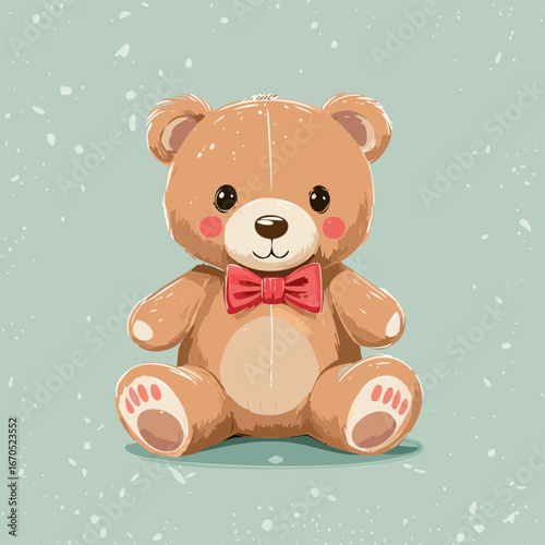 Cute teddy bear with red bow tie sitting on a pastel background. Adorable toy illustration, perfect for children, nursery decor, prints, greeting cards, and gifts