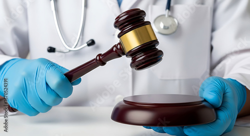 Medical malpractice concept doctor with gavel in hand representing legal and ethical issues.