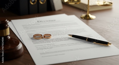 Divorce Legal Documents Wedding Rings on Divorce Papers with Gavel