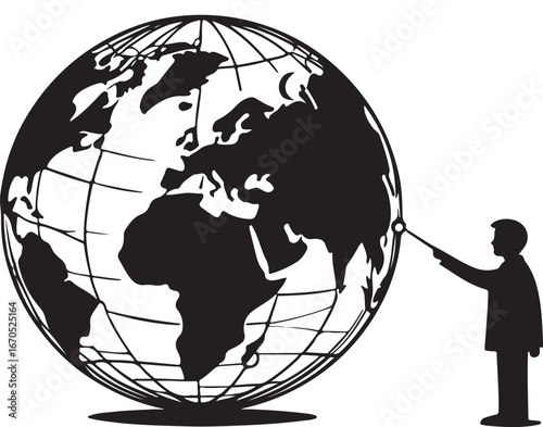 Silhouette of a man pointing at a black and white globe with a pointer world earth