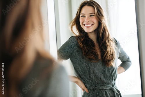 Free Download The concept of self-worth and inner beauty. The woman's joyful expression while looking at herself symbolizes a healthy relationship with one's own image. - GFXLoad