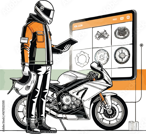 Motorcycle Mechanic Reviewing Parts on Tablet Near Bike