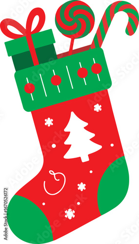 Christmas stocking filled with gifts and candy on a white background