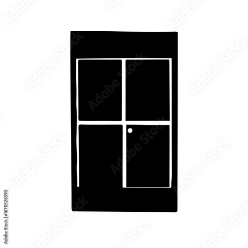 Simple black and white design of window with four panes and latch