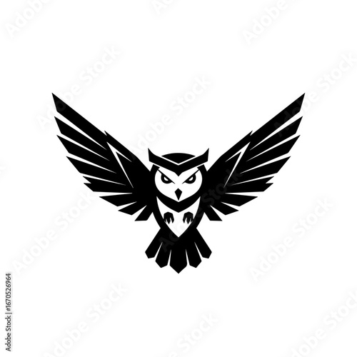 Black owl mascot logo design with spread wings isolated on white or transparent background, vector illustration