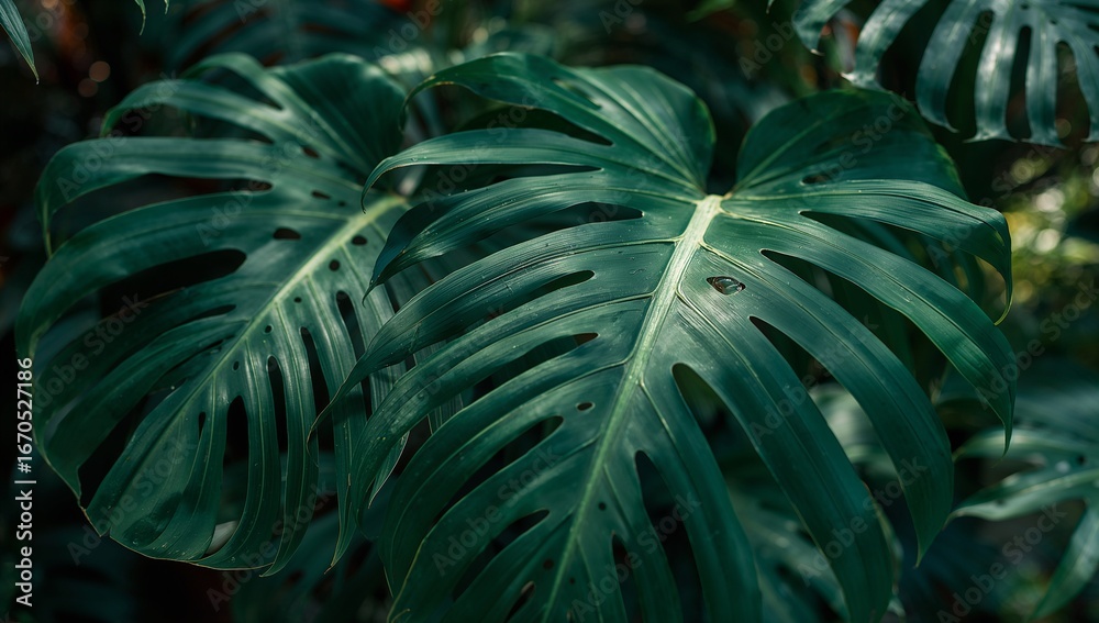 Fototapeta premium Deeply textured, lush green leaves create a captivating close-up image of a vibrant tropical plant.