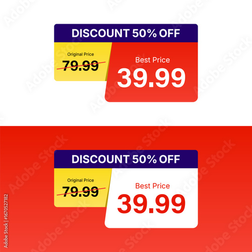 Original Price and After Discount Price Banner Design with 50 Percent Off Sale Tag and Best Price Promotion Label for Ecommerce Retail and Shopping Marketing Template