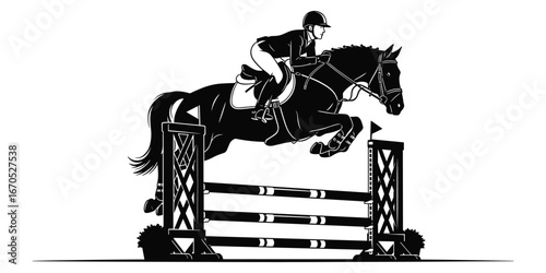 Equestrian Show Jumper Horse and Rider Silhouette Jumping Fence vector illustration