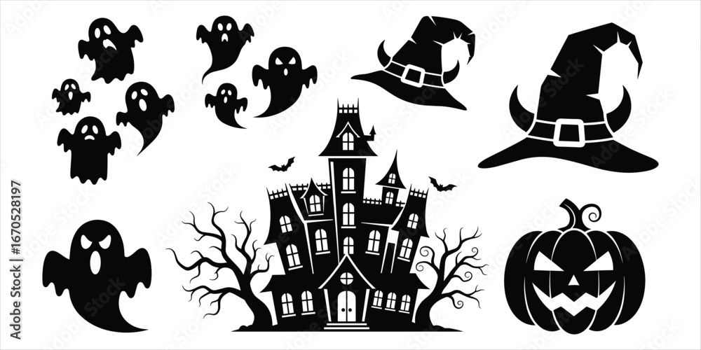 Obraz premium Halloween icons including ghosts, haunted house, witch hats, and pumpkin vector illustration