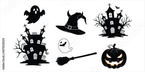 Halloween Silhouettes Of Haunted House Ghost Witch Hat Pumpkin And Broom vector illustration