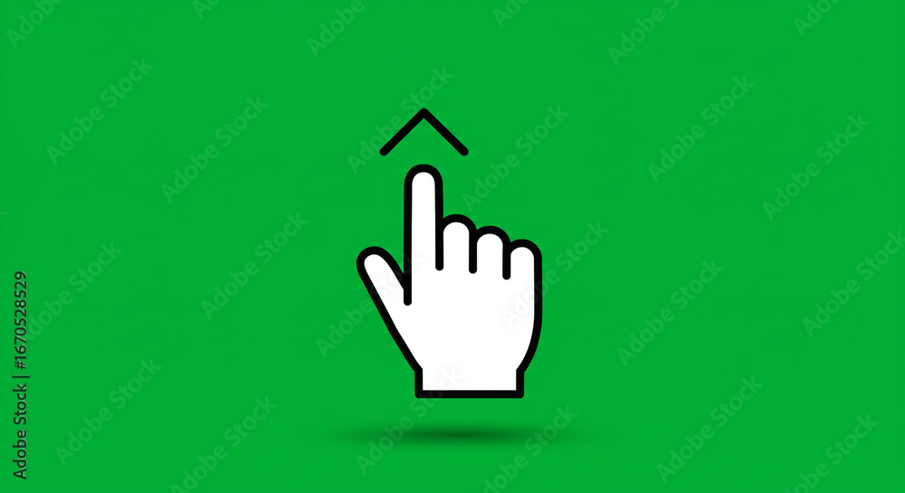 Fototapeta premium Gesture cursor indicates upward swipe for scrolling or navigation on a vibrant green screen