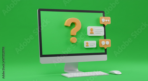 Modern computer displays question mark and chat icons for business communication solutions