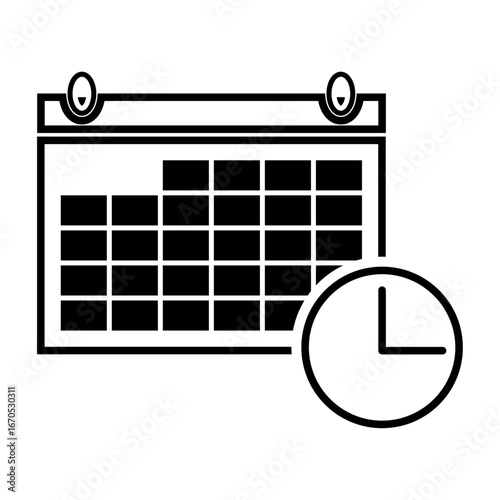 Black calendar and clock icon representing schedule and time management.