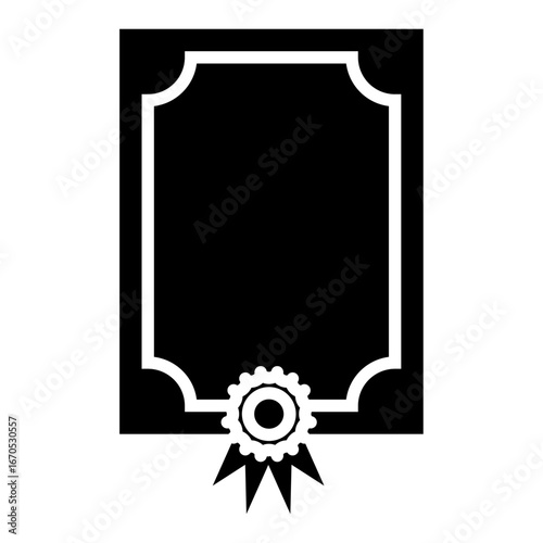 Certificate or diploma icon with ribbon badge in solid black style.