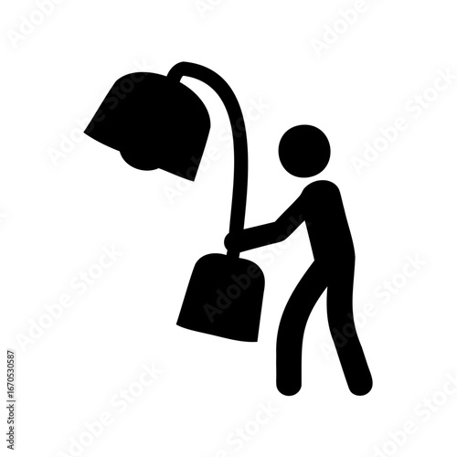 Black silhouette stick figure with desk lamp holding on a white background
