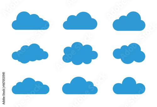 A collection of nine distinct simple cloud illustrations presented in a clean and modern graphic design style