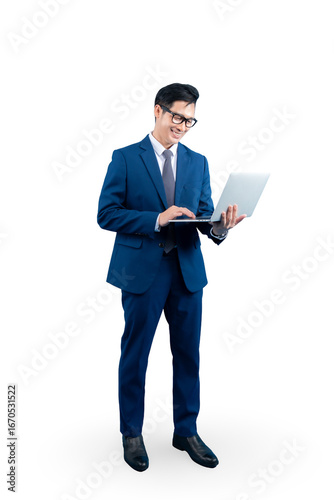 Full body asian man in a suit and eyeglasses is working on a laptop. He's likely a professional person using modern technology and looks happy, set on PNG background
