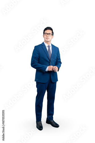 Full body asian man in a blue suit and glasses, standing against a neutral background. The man is focused and looks serious and confident