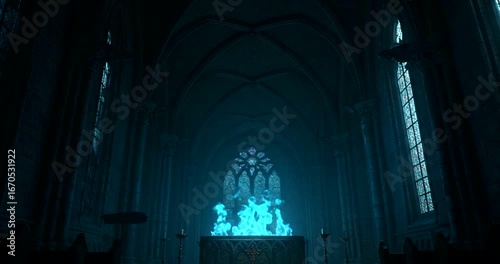 Ethereal blue flames illuminate a gothic cathedral interior
