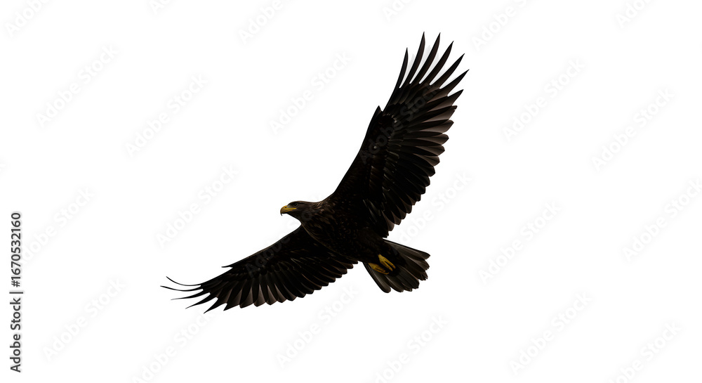 Fototapeta premium Brown eagle flies with wings spread on black. Wildlife illustration, animal posters.