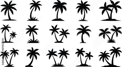 Collection of silhouetted palm trees on islands