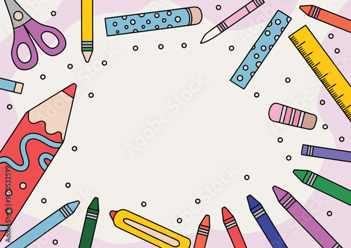 Colorful collection of school supplies arranged in a circular border around a blank space