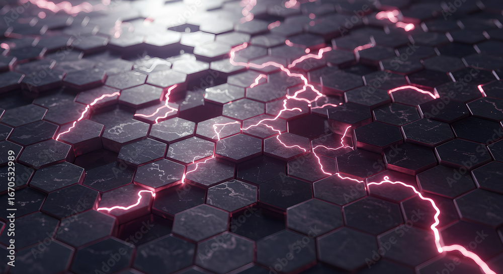 Fototapeta premium Abstract Futuristic Grid: Vibrant pink lightning illuminates dark textured hexagons, representing powerful energy and digital connections.