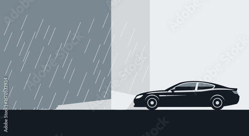 Sleek Coupe Parked Under Shelter During Heavy Downpour In Urban Landscape