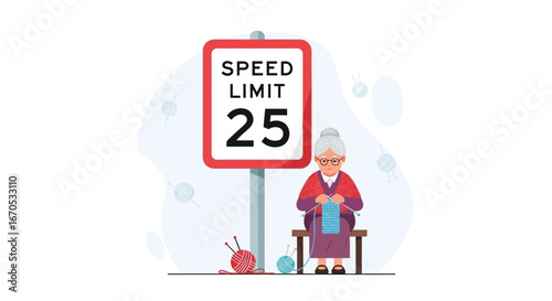 Slow And Steady Knitting Nana Next To A Speed Limit Sign Illustration