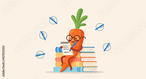 Smart Carrot Studying On A Pile Of Books Surrounded By Floating Pens