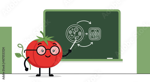 Smart Tomato Explaining Plant Cell Biology on the Chalkboard Classroom Scene