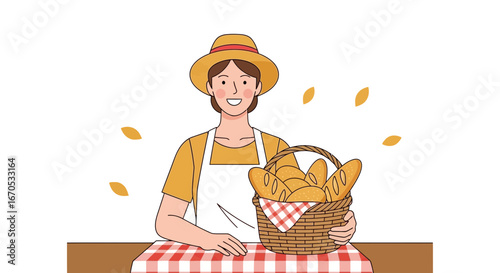 Smiling Baker Holding Basket With Delicious Fresh Bread Pastries Baguettes