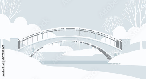 Serene Winter Landscape Featuring a Minimalist Bridge Adorned with Icicles