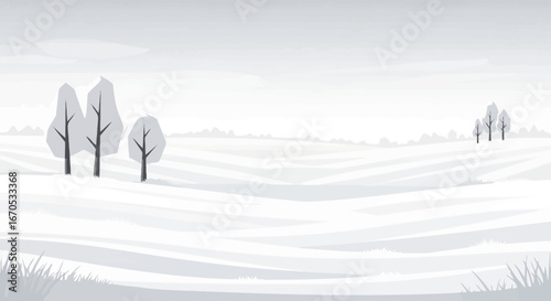 Serene Winter Landscape Depicting Snow Covered Fields And Solitary Trees