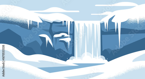 Serene Winter Landscape Vector Illustration With Frozen Waterfall Scene