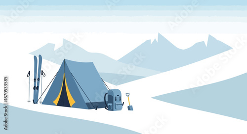 Serene Winter Landscape With Camping Tent Underneath Snowcapped Mountain Range