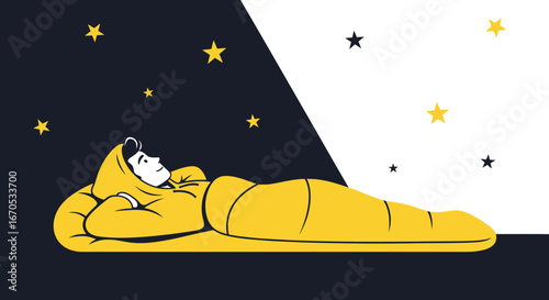 Smiling Man In Sleeping Bag Looking At Stars Illustration At Night