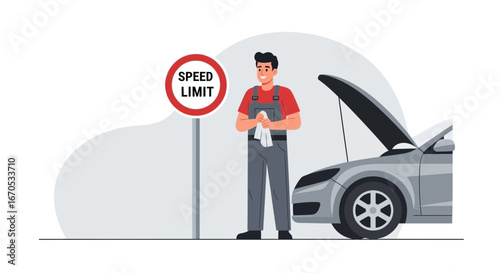 Smiling Mechanic Standing Beside The Open Car Hood And Speed Limit Sign