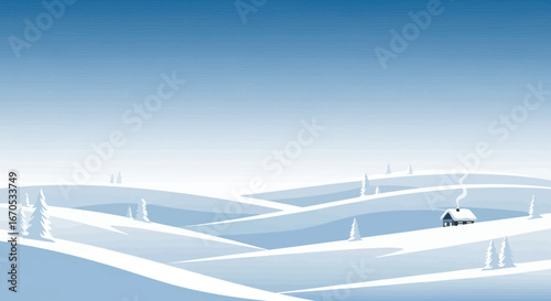 Serene Winter Landscape With Rolling Snow Drifts And Quaint Cabin