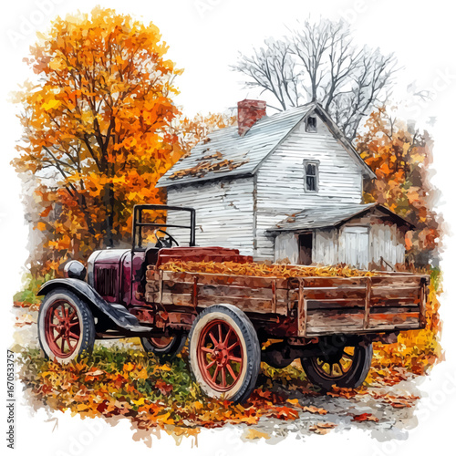 Hayride Through Autumn Farm, watercolor vector, isolated on a white background.