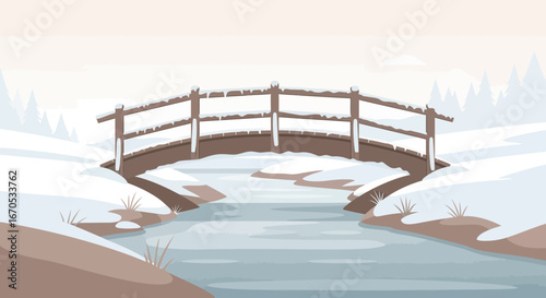 Serene Winter Landscape With Snow Covered Bridge Over Icy River